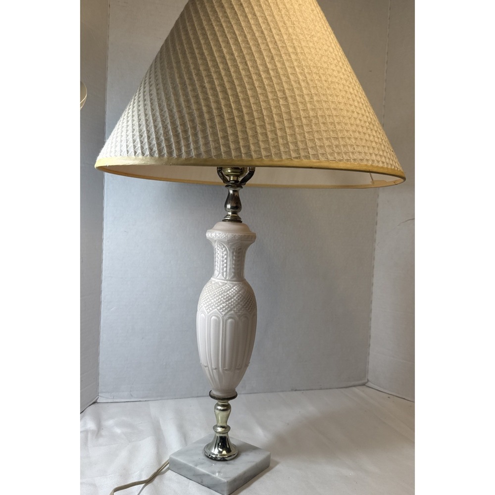 Vintage Pale Pink Satin Frosted Diamond Cut Milk Glass Lamp Marble Base MCM 27"